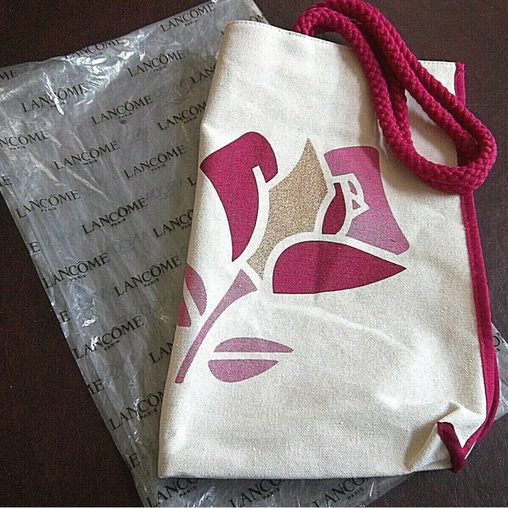 Lancome Paris Off-White & Pink Canvas Tote Bag with Gold & Pink Rose Logo - NEW! - Picture 7 of 13